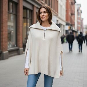 J. Jill Poncho Sweater Women's‎ One Size Cream Ribbed Knit Quarter Zip Collar